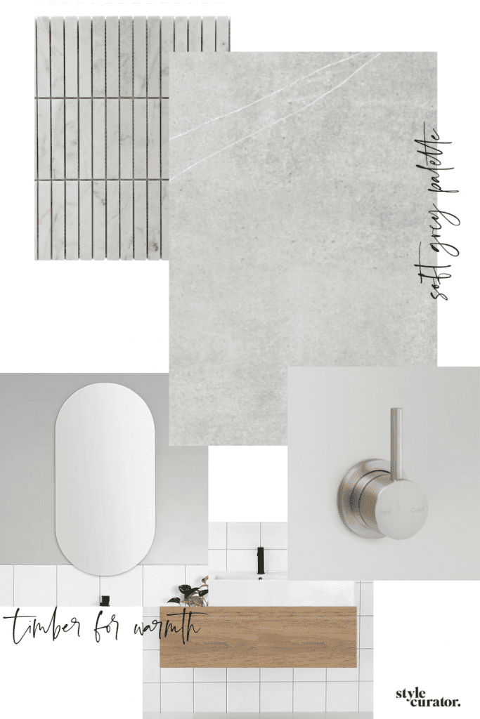 Bathroom renovation materials palette Style Curator bathroom planning