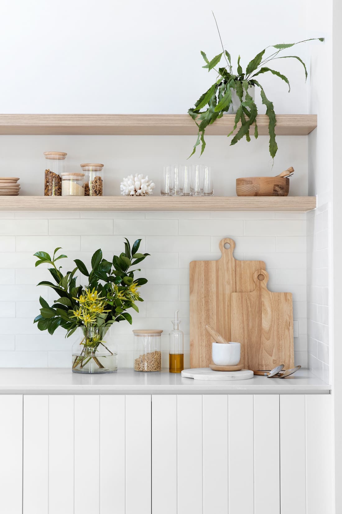 Kitchen styling with boards and shelving