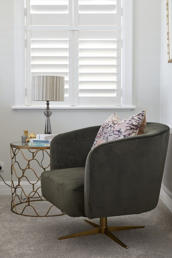 Tub chair and gold side table in guest bedroom The Block 2020 Daniel and Jade