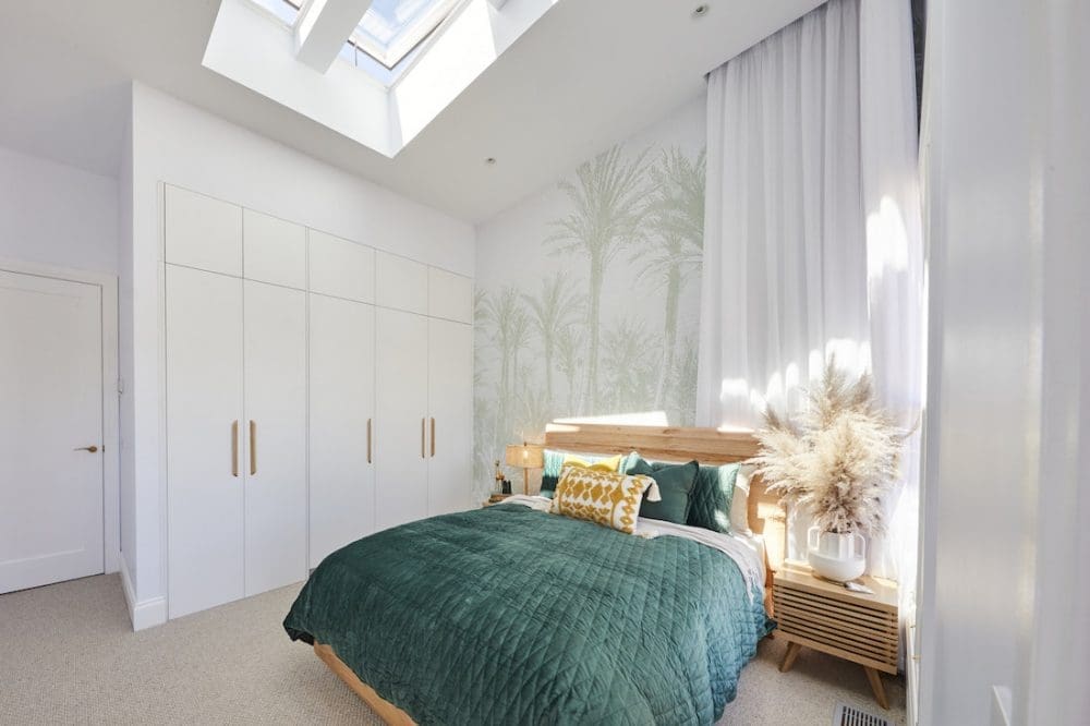 Guest bedroom with skylight by Jimmy and Tam The Block 2020