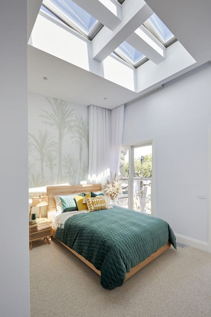 Skylight and high ceilings The Block 2020 Jimmy and Tam guest bedroom