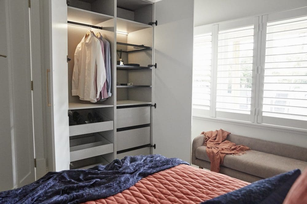 White wardrobe with gold handles The Block 2020 Luke and Jasmin guest bedroom