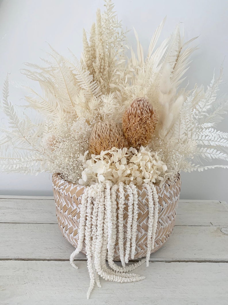 Dried floral arrangement by Wicker and whitewash
