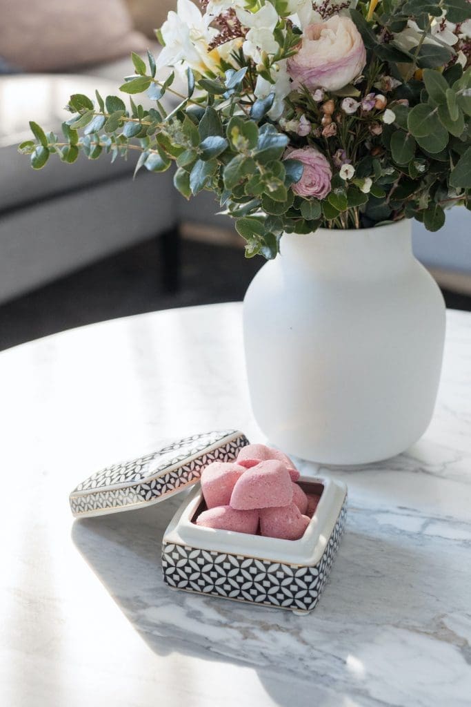 Close up of DIY mini Valentine bath bombs