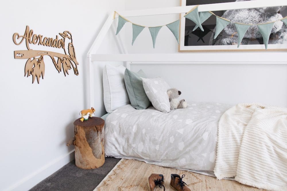 Alexander Australian inspired bedroom with personalised stump side table