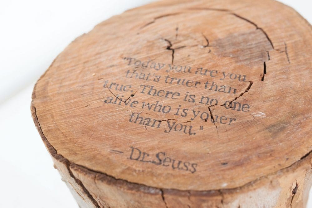 Finished message on personalised stump side table