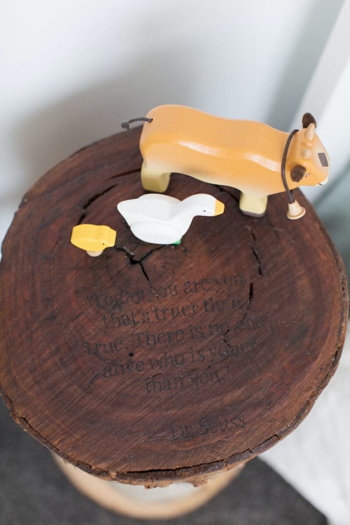 Personalised stump side table with Dr Seuss quote