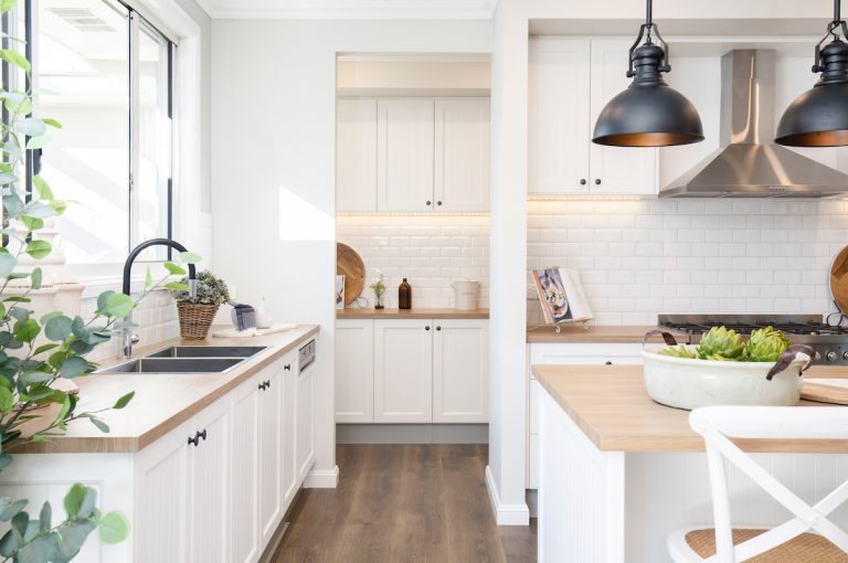 White Hamptons style kitchen with butlers pantry