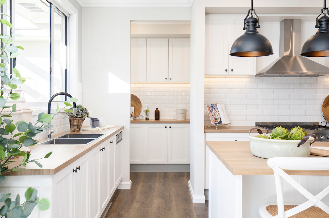 White Hamptons style kitchen with butlers pantry