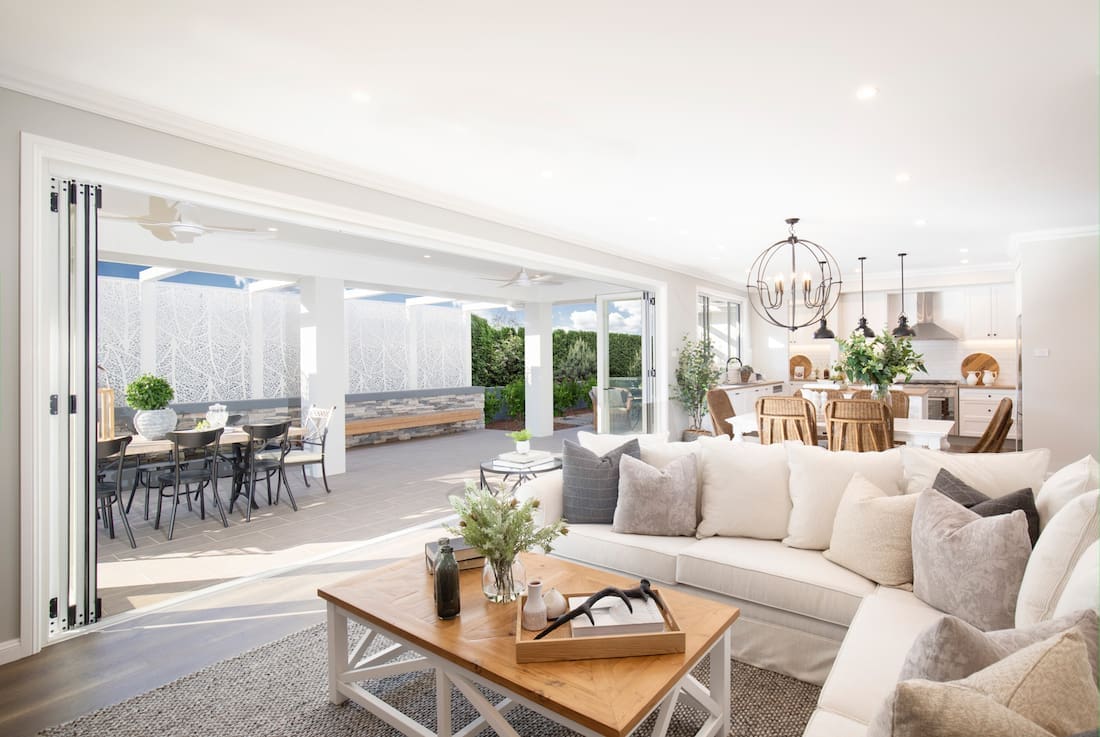 Hamptons living room open to outdoor