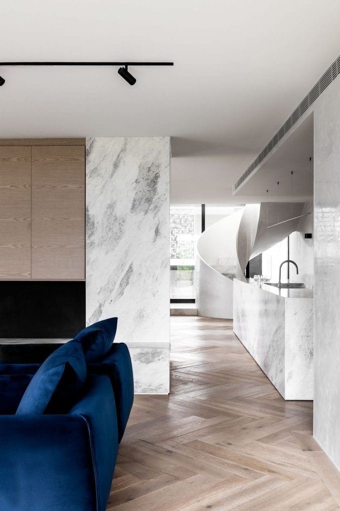 Living room to kitchen with marble features