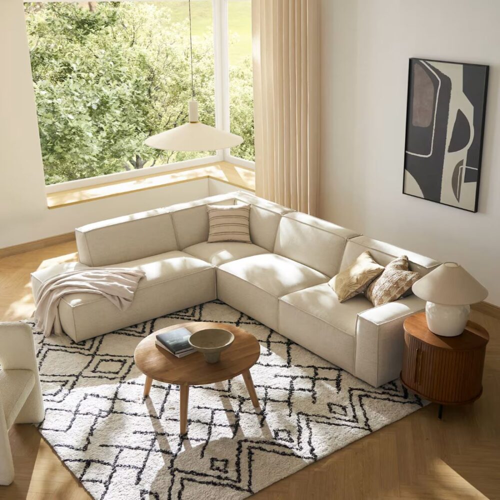 Cream Jonathan Extended Side Chaise Sectional Sofa featuring deep cushions, a modular silhouette