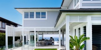 Coastal Australian Hamptons home facade with pool