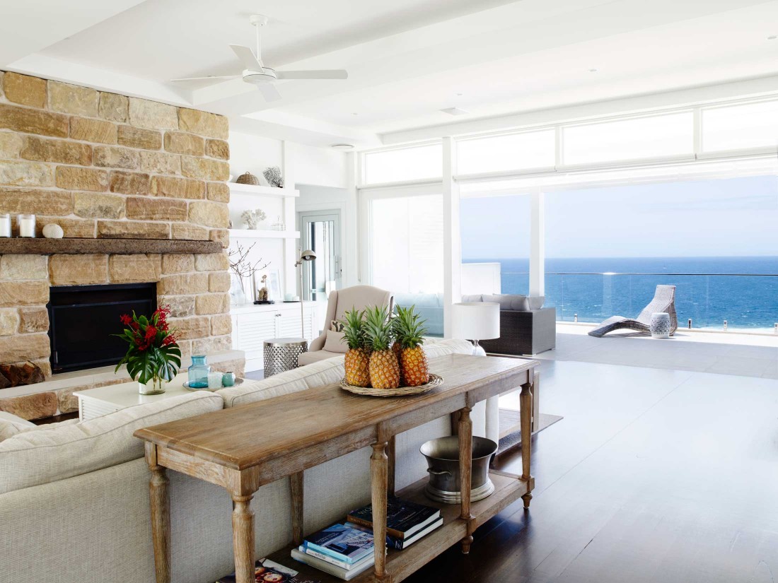 Coastal Hamptons home living room with ocean view