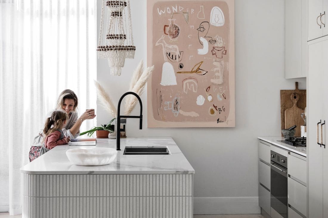 Curved kitkat tiled kitchen island bench