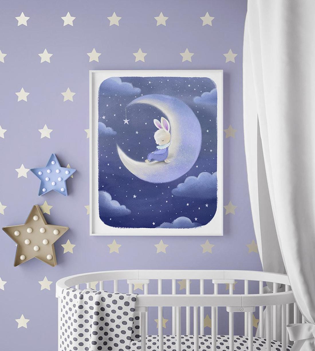 Dreams and Clouds bunny on the moon children's bedroom art