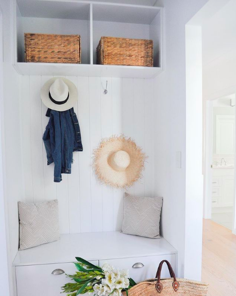 Bench seat with upper storage in mudroom nook
