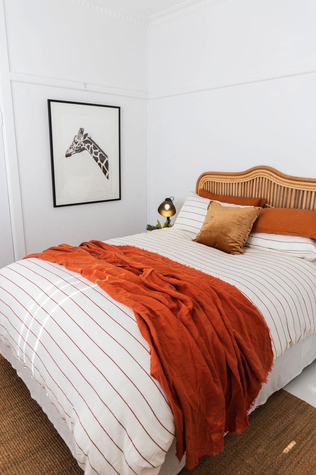 Pinstripe bedding bedroom at Casey Street Orange