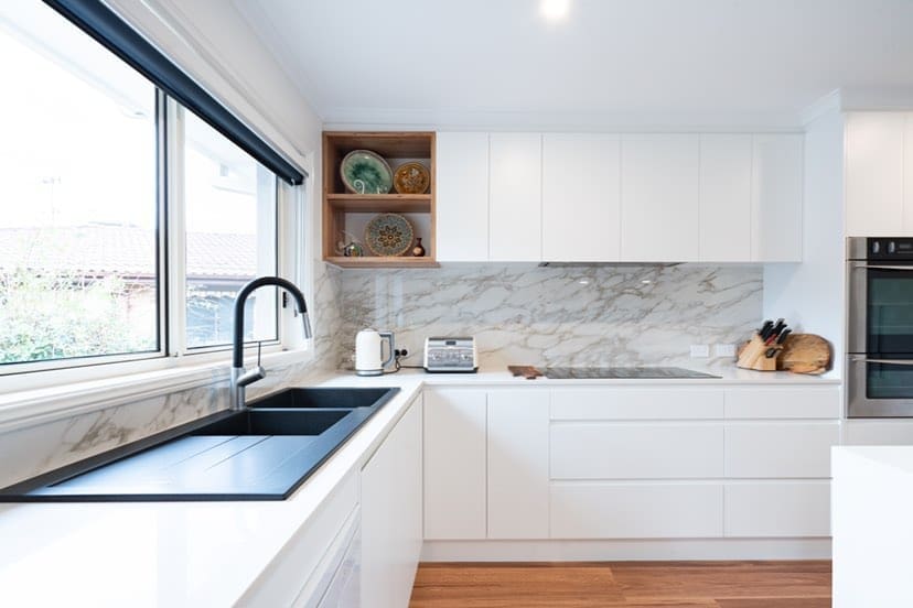 Extra large panel porcelain tile kitchen