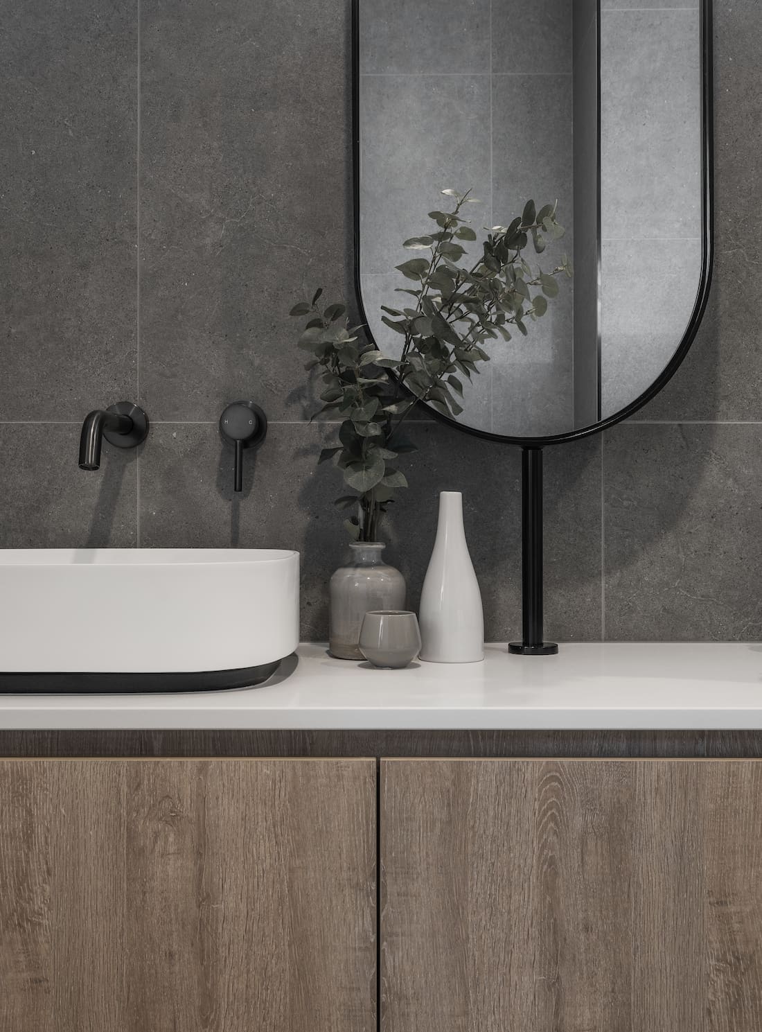 Timber vanity with oval mirror