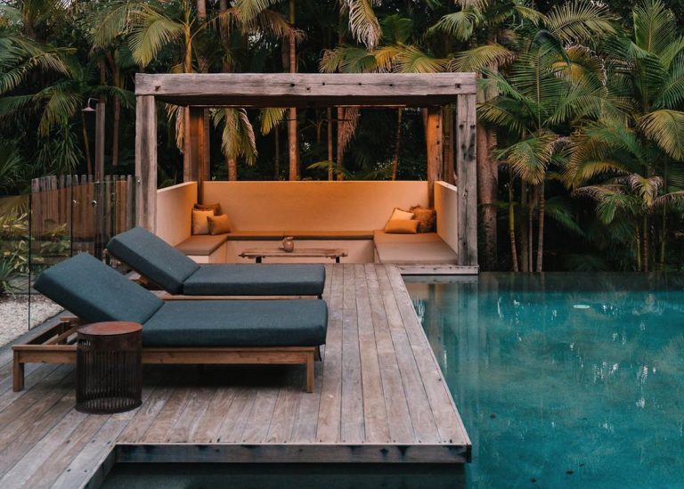 Tropical pool with sunken pool cabana