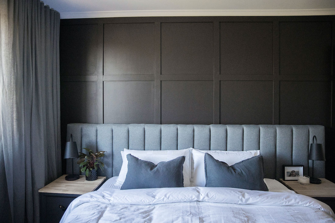 Completed bedroom with square panel feature wall