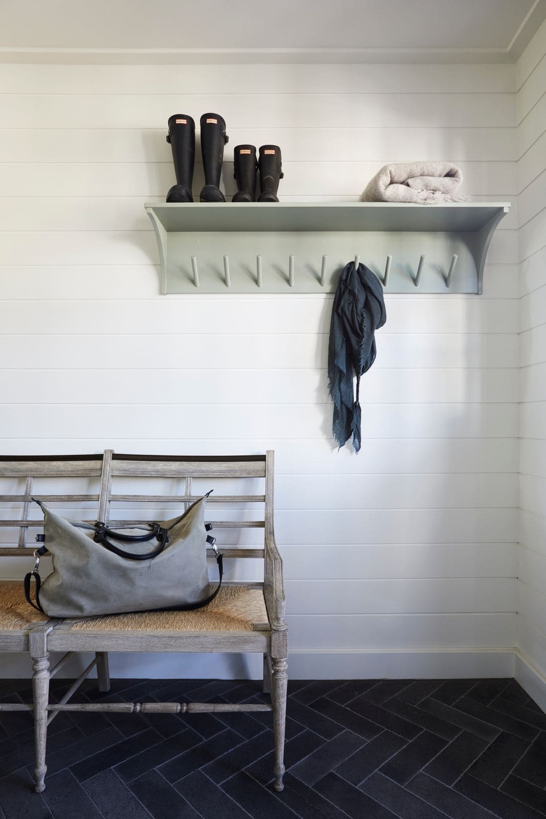 Shelving and sitting space for mudroom