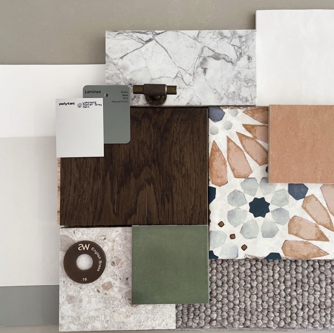 Materials flatlay for The Mill Design