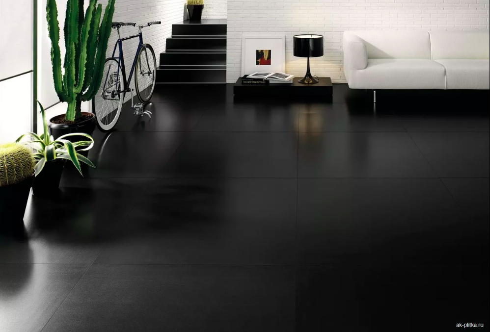 Black floor tiles in living room