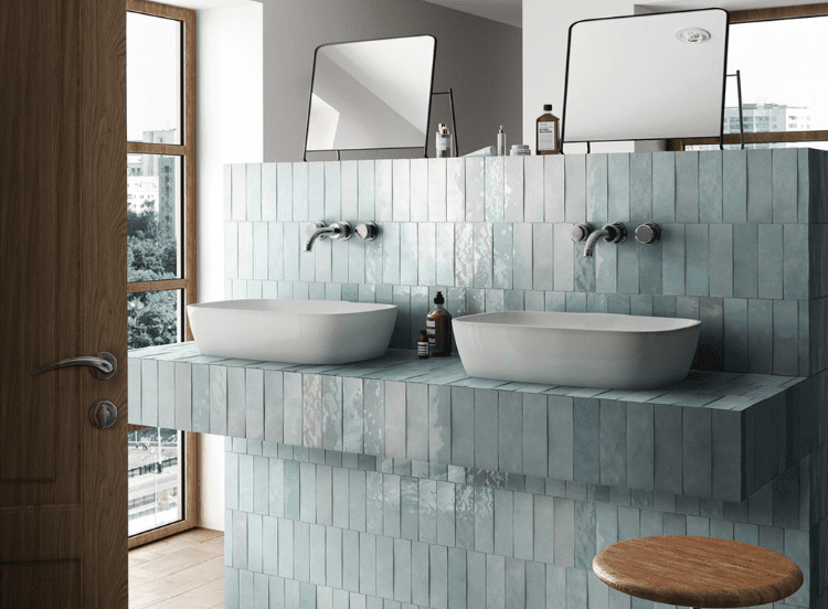 Aqua blue subway tile in bathroom