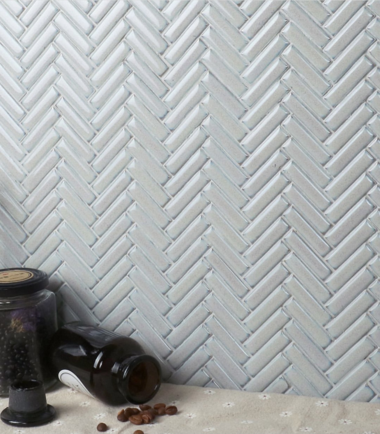 Blue herringbone splashback