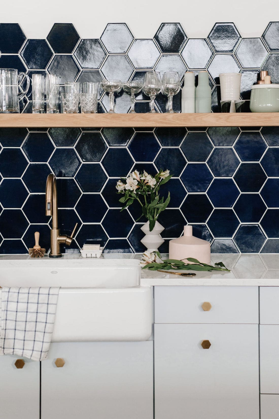 Blue splashback hexagon kitchen