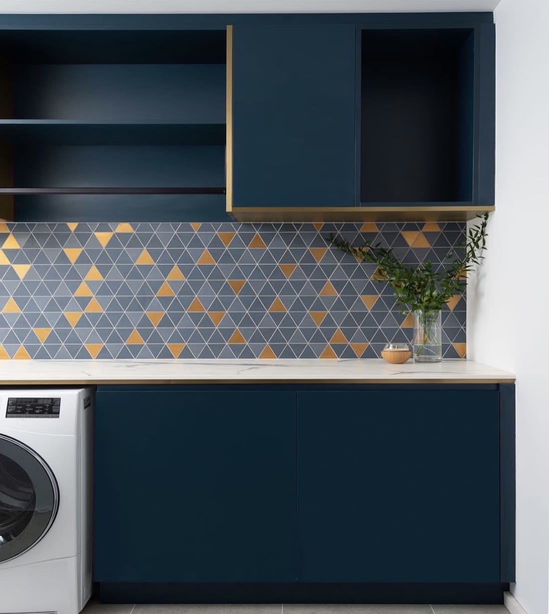 Blue triangle tile splashback