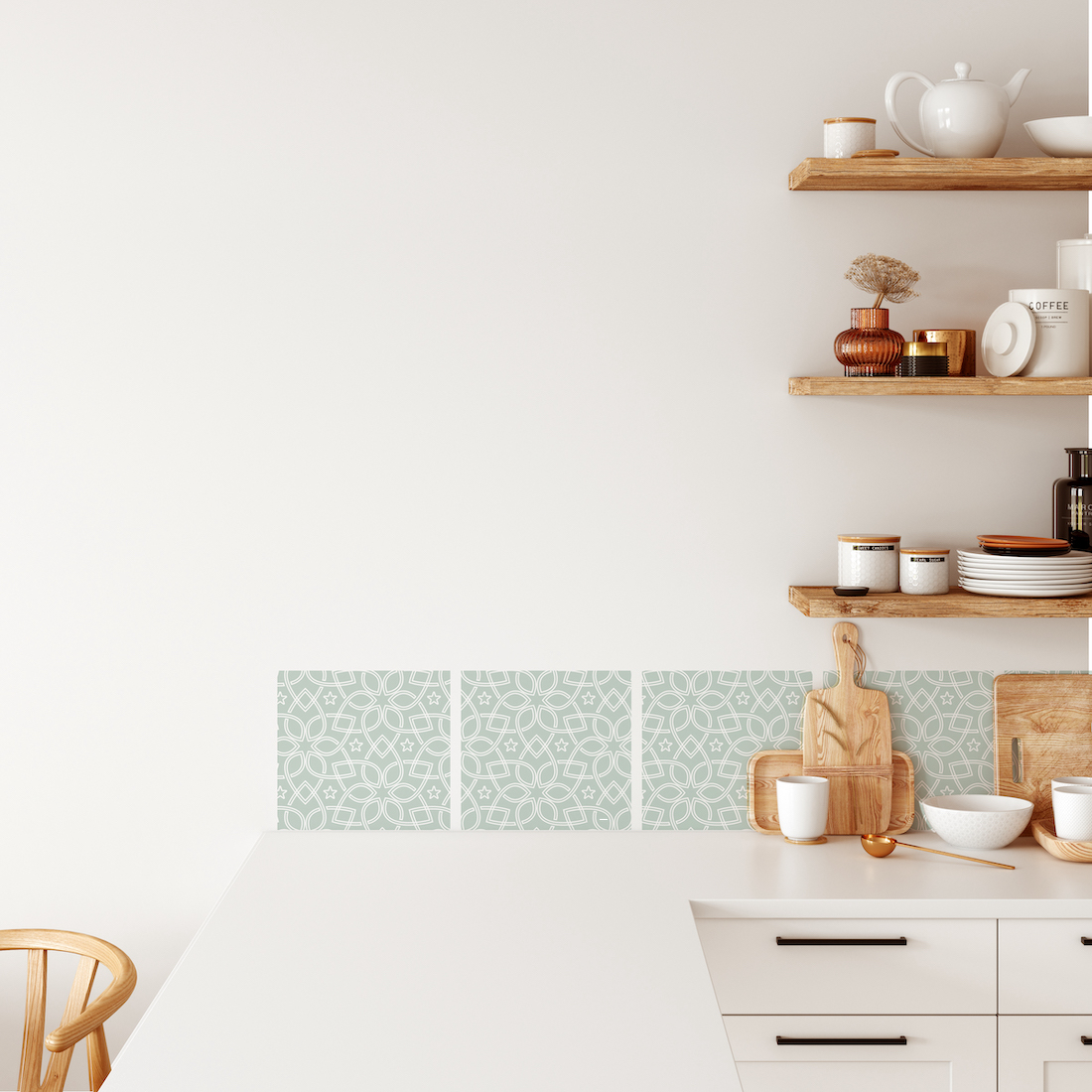 Removable wall sticker tiles in kitchen in green