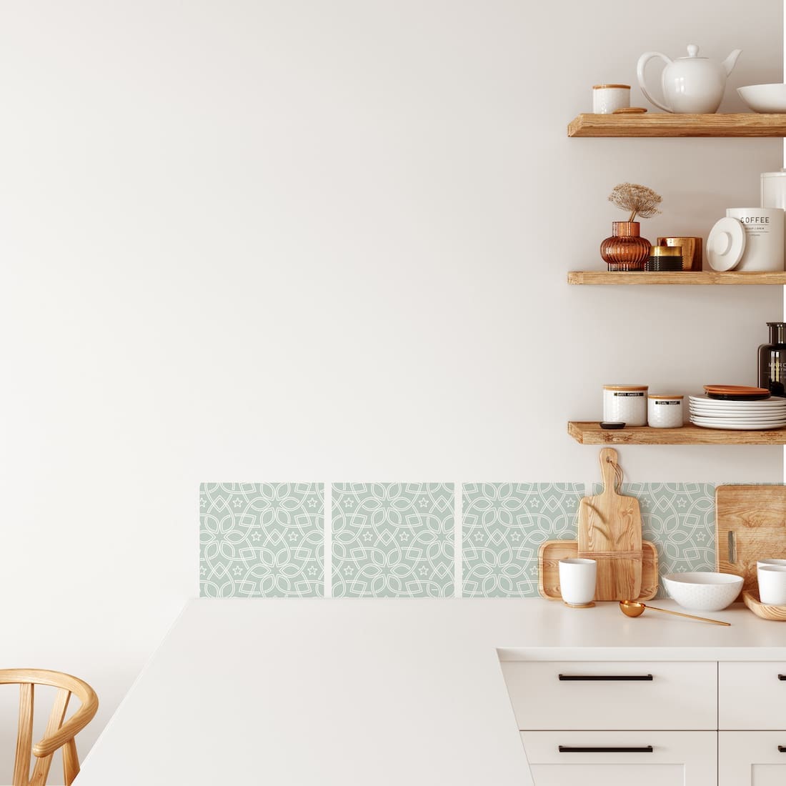 Removable wall sticker tiles in kitchen in green