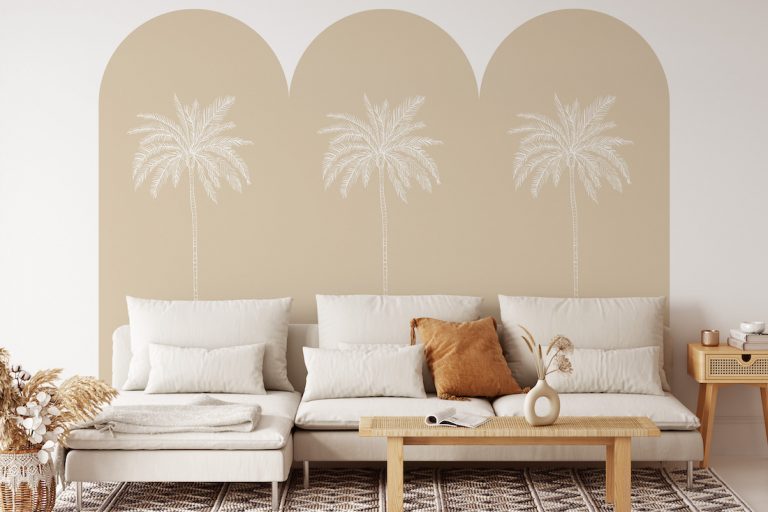 Removable triple arch wall decal in palm print sand