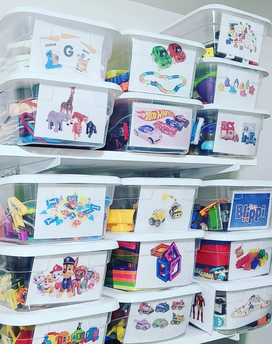 Toy storage ideas with photos of toys as labels