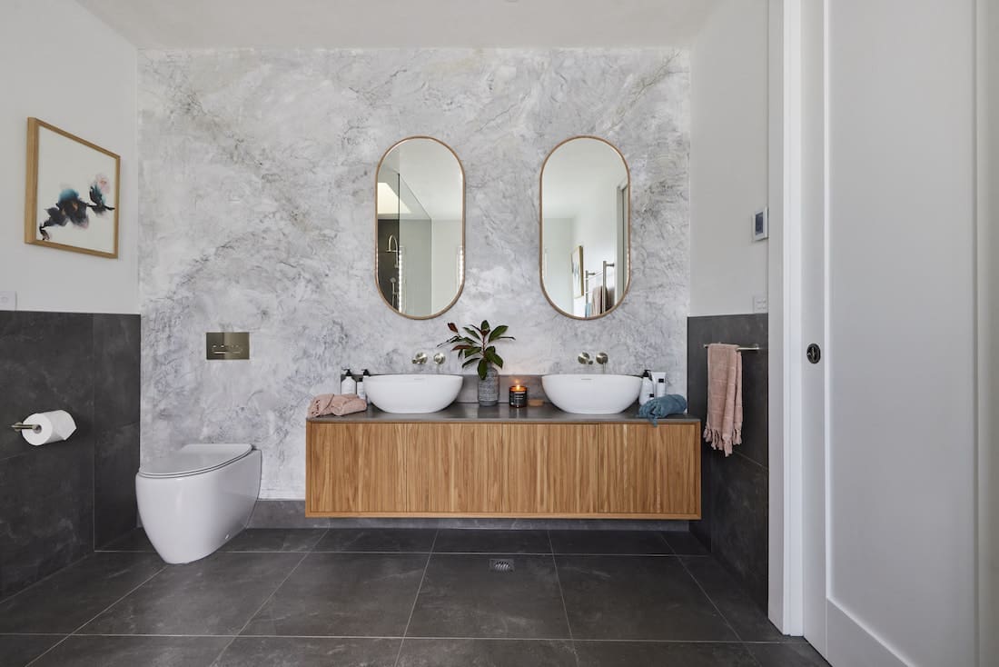 Venetian plaster wall in Jack and Jill bathroom