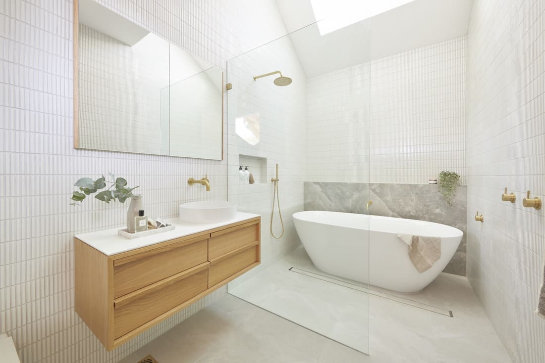 Timber, white and gold bathroom