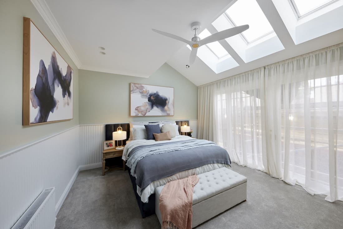 Master bedroom in soft green tones