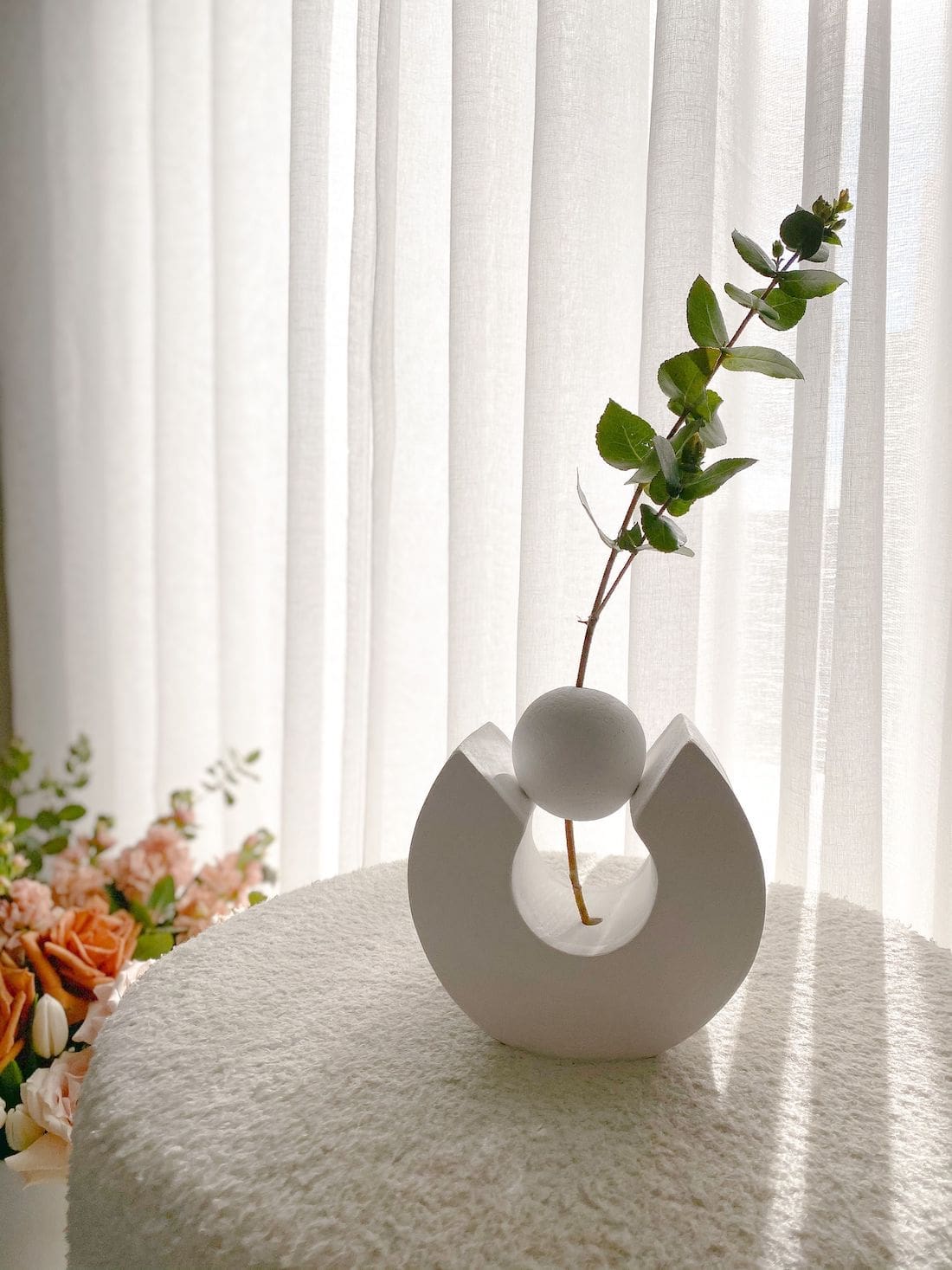 Vase in front of sheer curtain