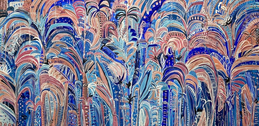 CarleyBourne_painter_blue palm print abstract_Colourful botanical abstracts