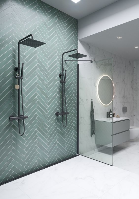 Herringbone_Green bathroom tiles_Pinterest