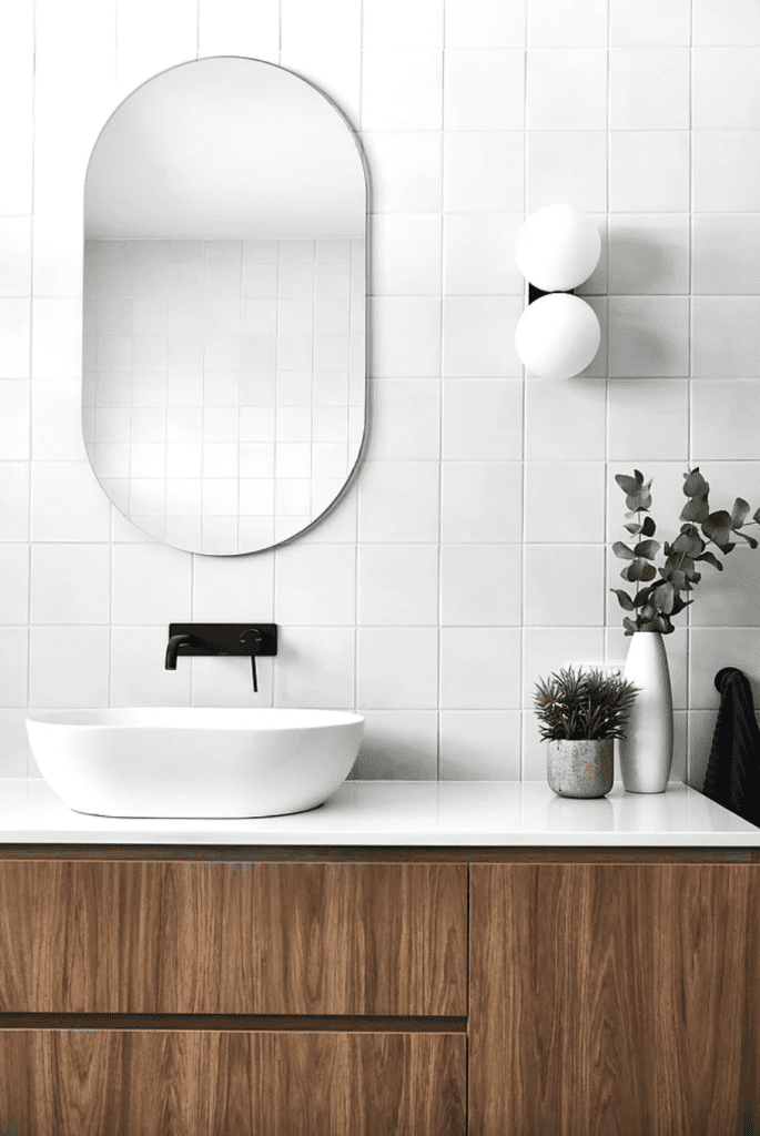 Pill shaped bathroom mirror