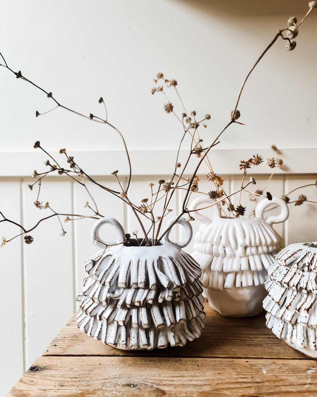 The Seasonal Ceramicist_shaggy vases with dried foliage
