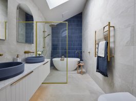 Gold and blue bathroom