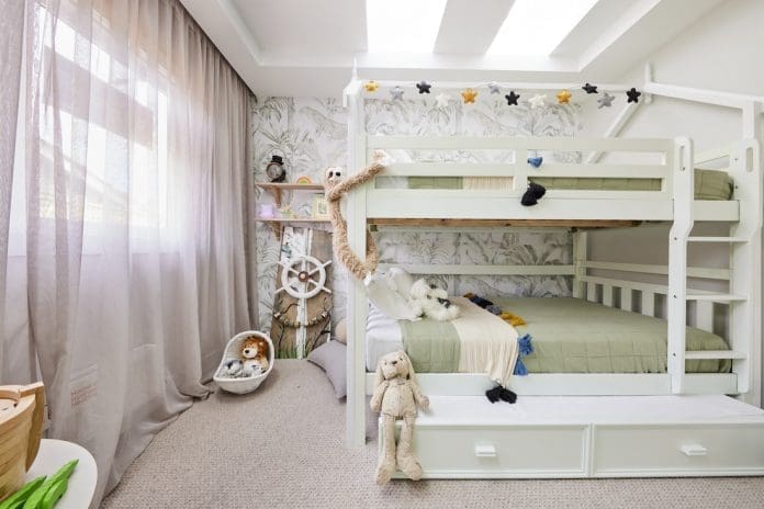 TheBlock2021_wk6_bedroom+redoweek_MitchMark_kids bedroom with wallpaper Kids bedroom with bunkbeds