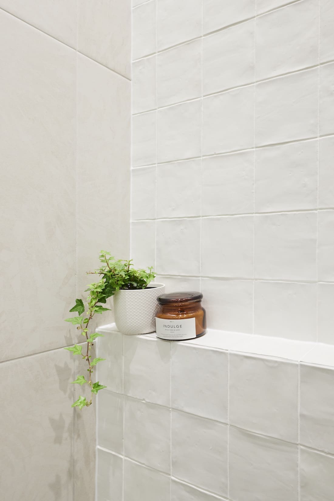 White shelf in shower with trailing plant