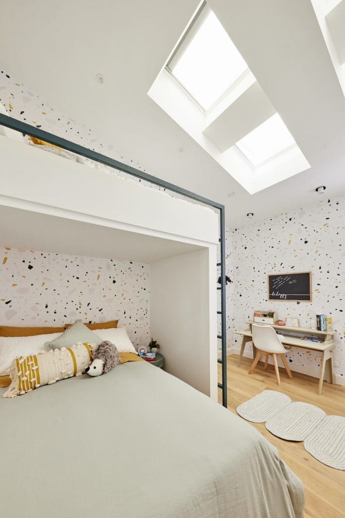 Terrazzo print wallpaper bedroom