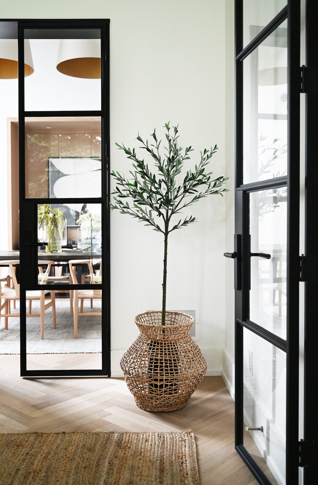 Black framed glass doors with indoor plant.